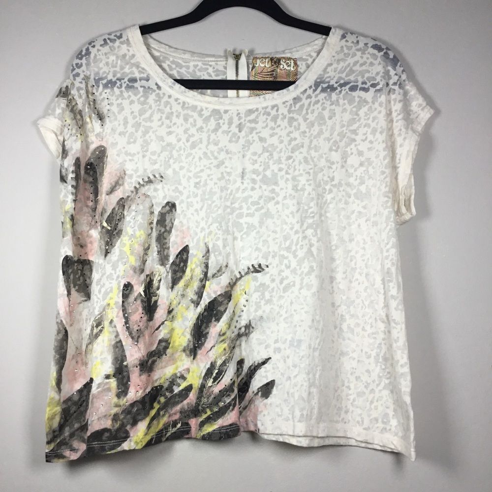 Animal print semi sheer top with yellow pink feathers pattern rhinestone sz S